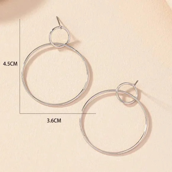 Minimalist Silver Double Circle Contemporary Dangle Earrings NEW - Picture 5 of 7